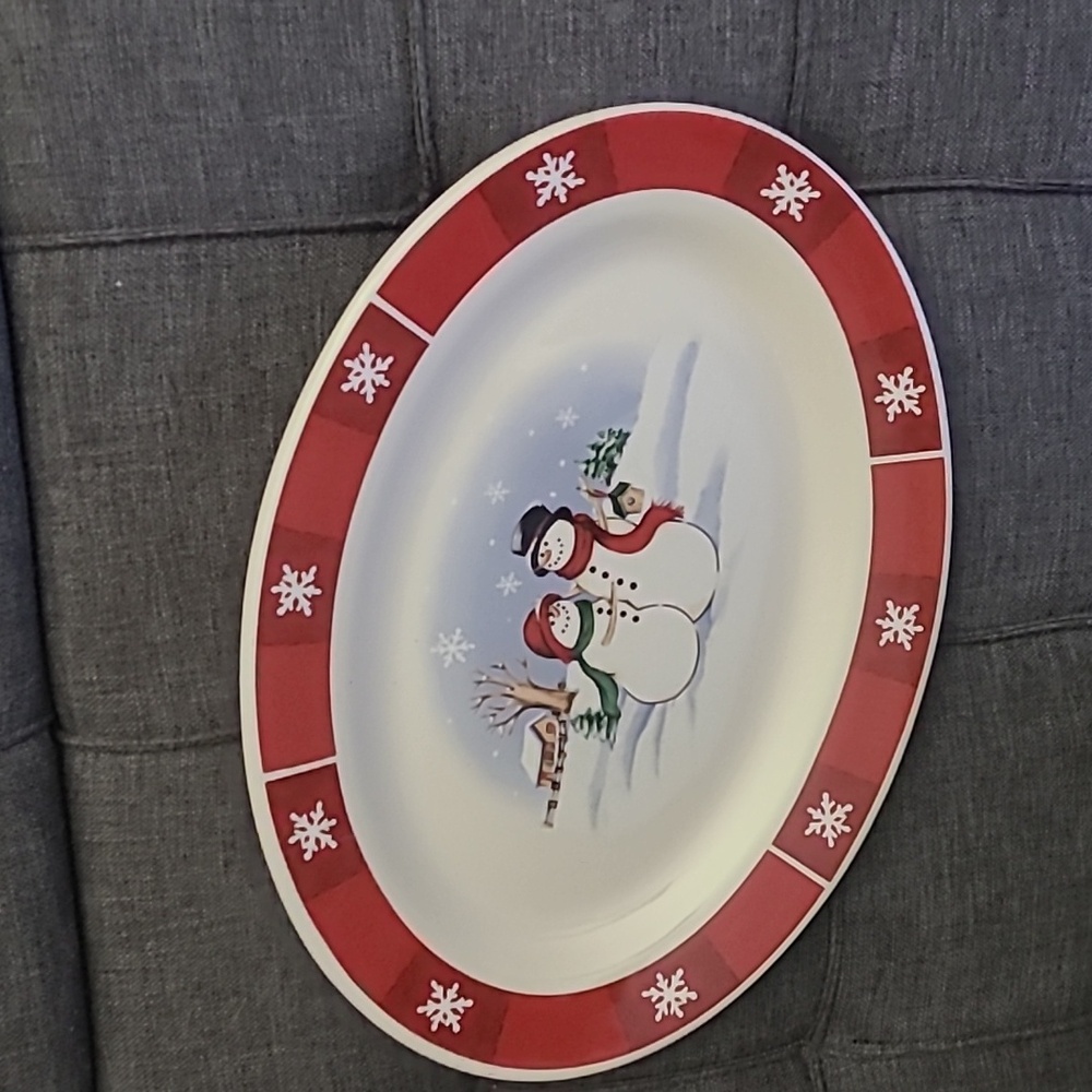 Oval serving plate Snowman couple holiday platter 14.5"x10.5"‎